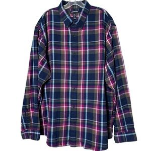 Lands’ End XXL Plaid Flannel Shirt – Navy Pink Olive 100% Cotton
